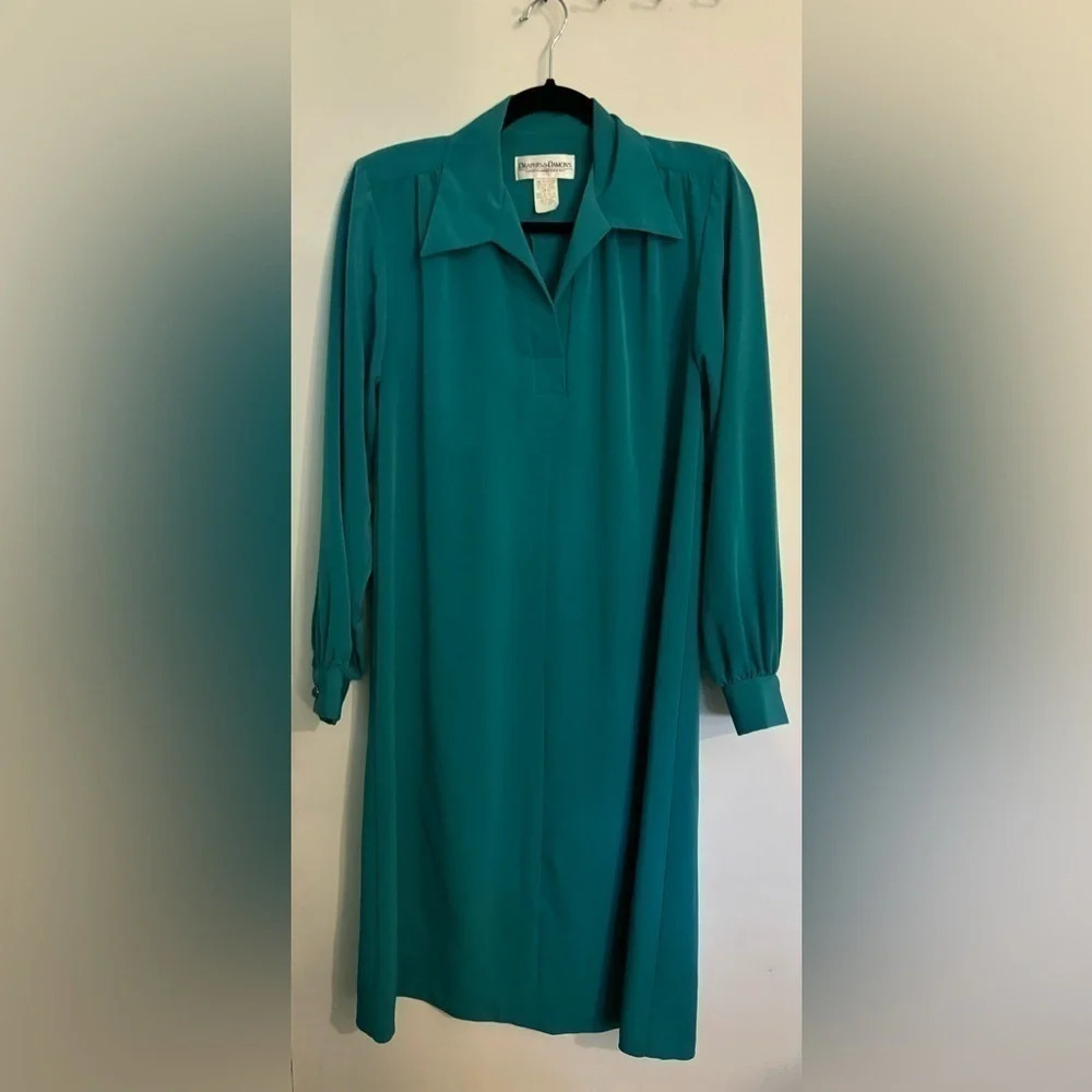Vintage Draper's & Damon's Dress Womens 80s Teal Modest Below Knee Scarf/Belt  8